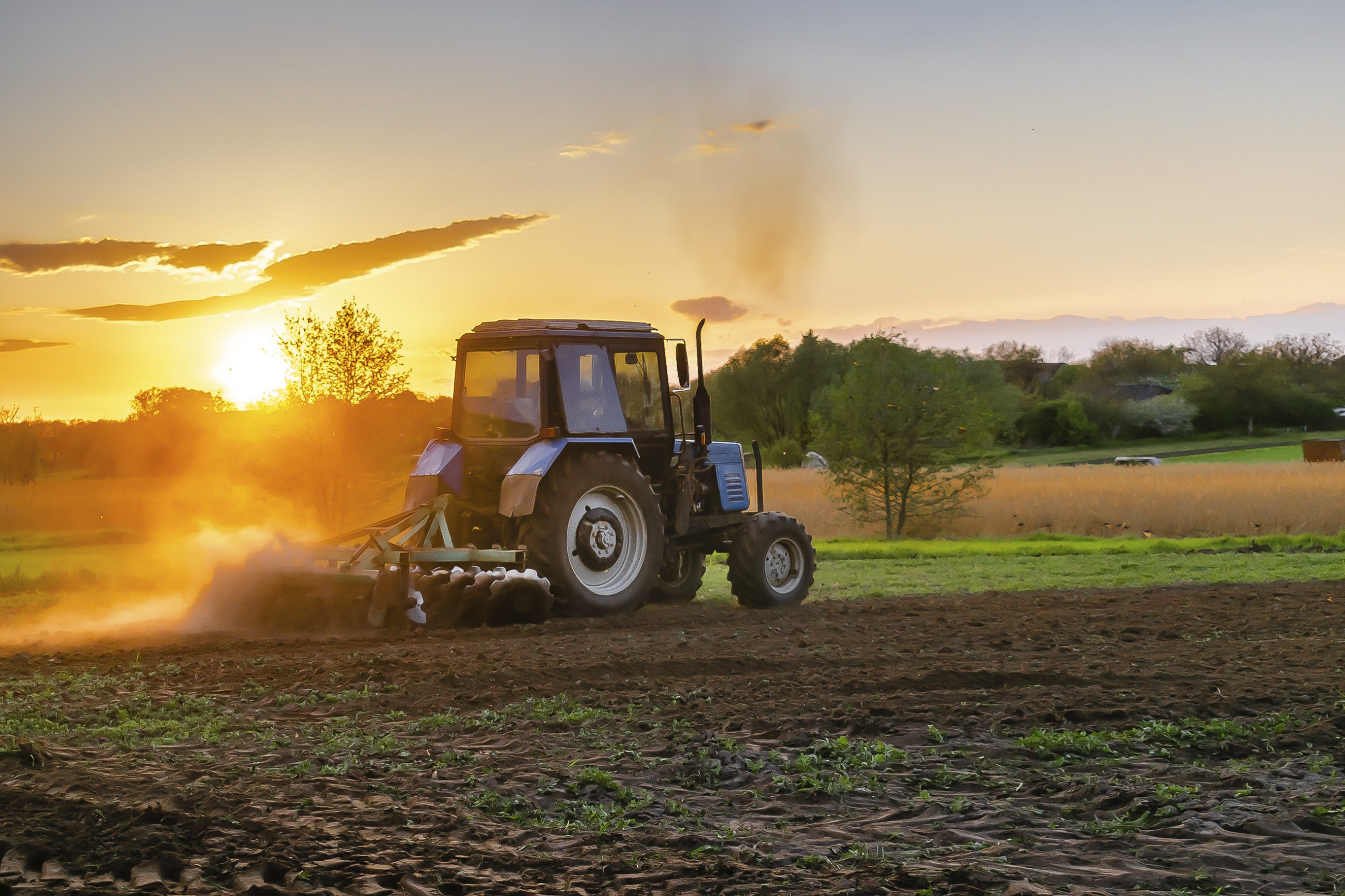 modern blue tractor machinery plowing agricultural field meadow at farm at spring autumn during sunset.farmer cultivating,make soil tillage before seeding plants,crops,nature countryside rural scene